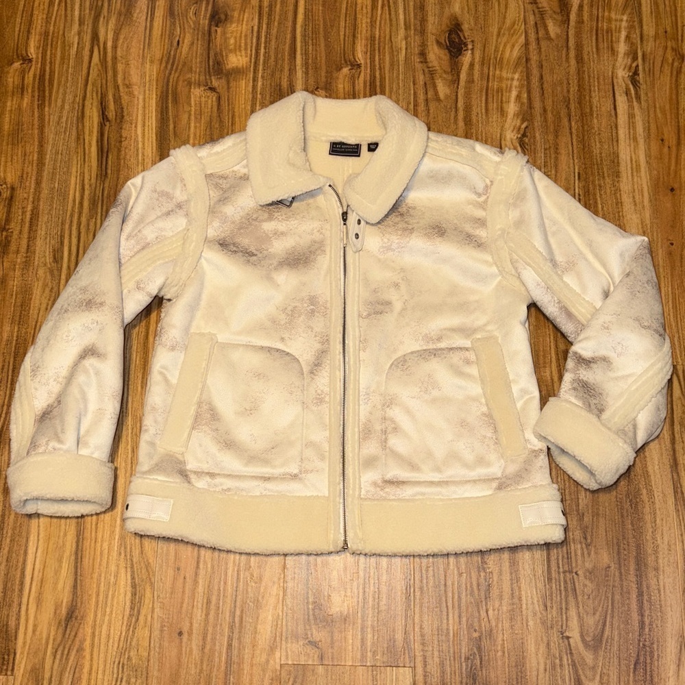 G by Giuliana Black Label Faux Suede and Shearling Zip Front Coat large ivory